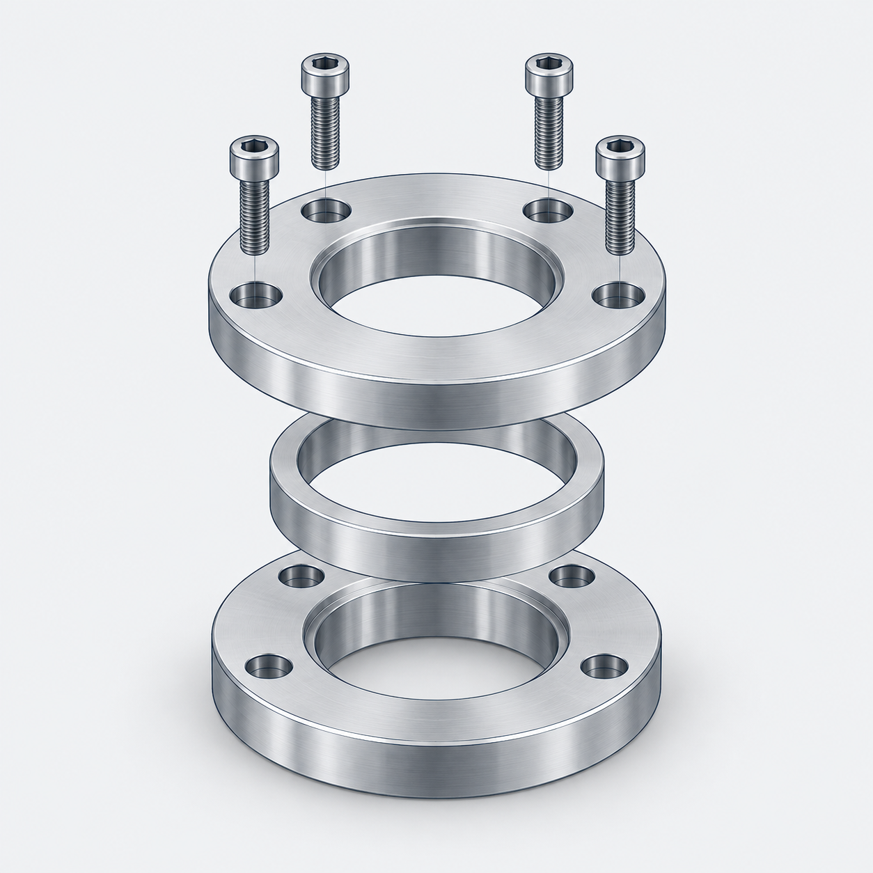 Illustrative exploded flange assembly with rings and fasteners